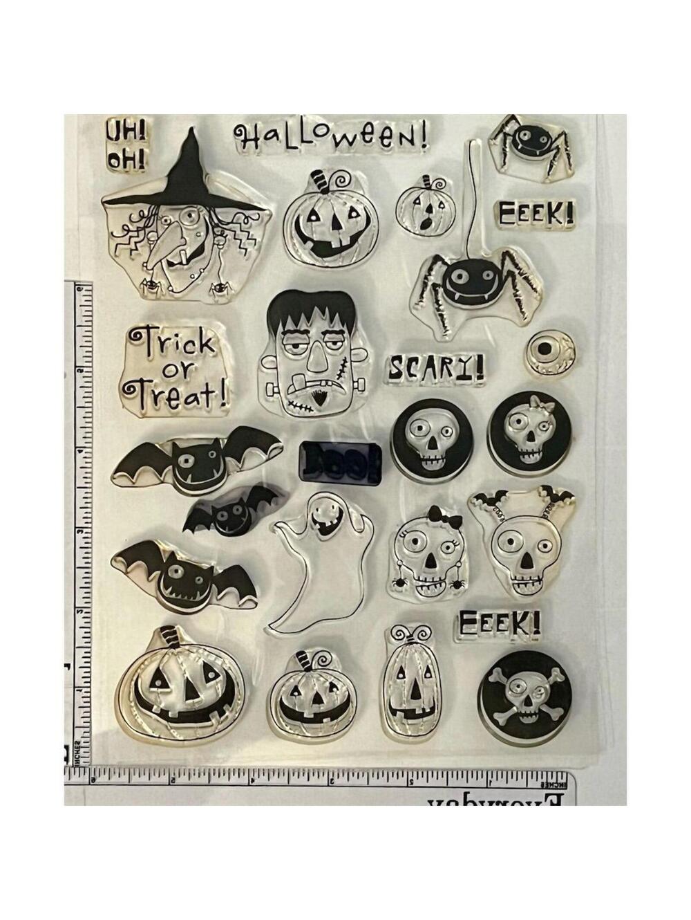 Fiskars Halloween Clear Stamp Set Trick or Treat Ghost Pumpkins Bats Skulls